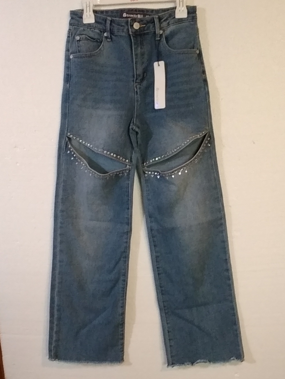 Girls Size 12 Tractr BLU Jeans With Rhinestone Cutouts  Front Thigh Raw Hem NWT